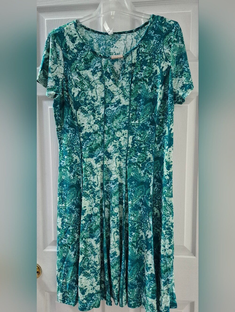 NY Collection Teal and Turquoise Patterned Short Sleeve Dress